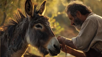 Schilderijen op glas A heartfelt moment as an elderly man gently interacts with his donkey at sunset © Татьяна Макарова