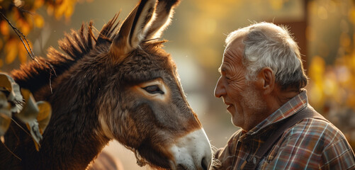 An elderly man shares a tender moment with a donkey amid autumn light, showcasing a bond between species