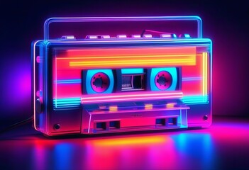 Vintage cassette tape player in neon light. 90s advertisement style. Disco party nostalgy concept