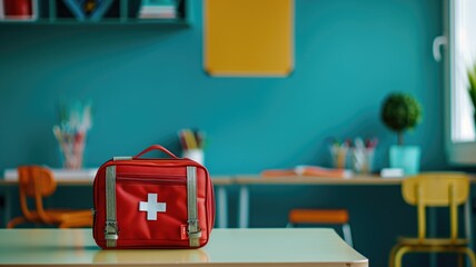 First aid kit on desk in a classroom, safety concept