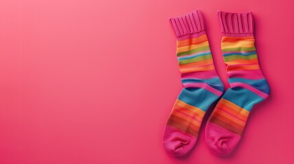 Bold and colorful striped socks against a vibrant pink background