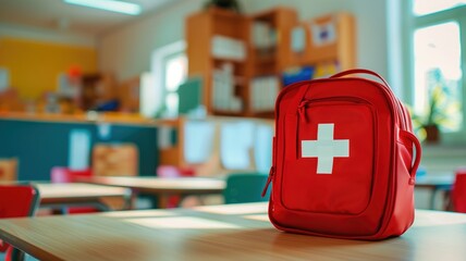 Red emergency backpack on a classroom table, symbolizing readiness and safety