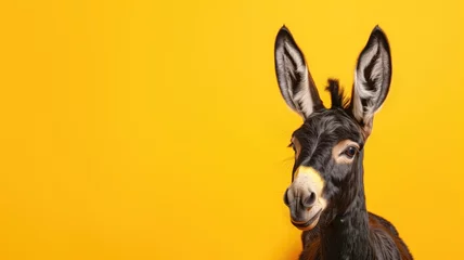 Tuinposter A friendly donkey's portrait against a vibrant yellow background, full of character © Татьяна Макарова