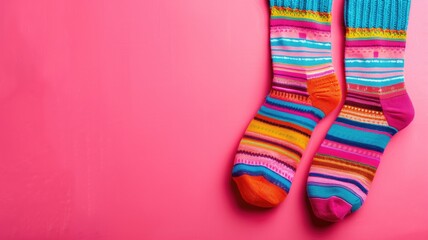 A pair of colorful striped socks hanging against a pink background, suggesting warmth and comfort