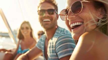 A group of smiling friends and family gather on the spacious deck of a luxurious yacht. The bright sun shines down on them highlighting their relaxed and happy expressions