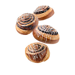 Sweet buns. Delicious rolls with poppy seeds falling on white background