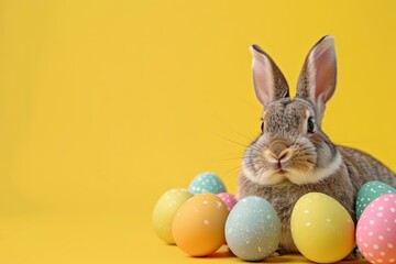 Fototapeta premium Easter bunny and colorful eggs on yellow background. Easter concept, sunny day