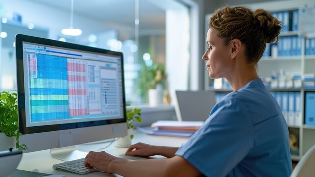 A healthcare professional analyzes extensive data on a computer monitor in a modern medical office