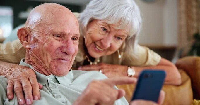 Home, help and old couple with a smartphone, conversation or relax with internet or mobile user. Apartment, senior woman teaching elderly man or cellphone with social media or typing with digital app
