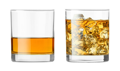 Whiskey in glasses isolated on white. One cool with ice