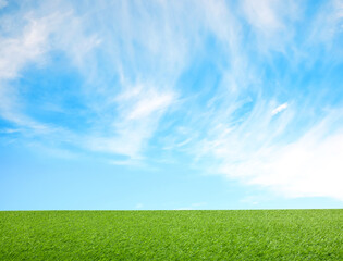 Green grass under blue sky with clouds