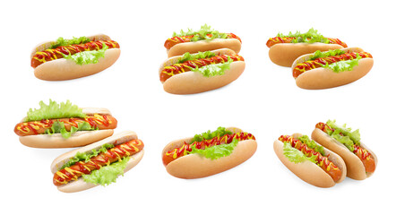 Tasty hot dogs with lettuce, ketchup and mustard isolated on white, set