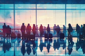 Silhouettes of passengers in airport against plane view