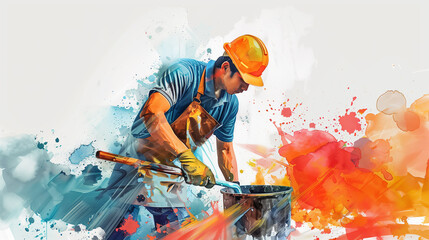 An illustration of a  worker man in a blue shirt and orange helmet working in a construction in watercolor style. Greeting card for labour day 
