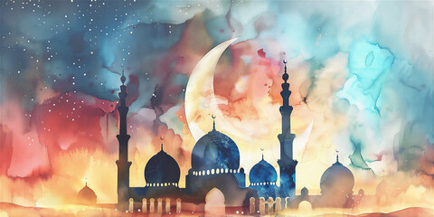 Mosque with minaret in blue midnight with giant crescent moon in impression painting style - obrazy, fototapety, plakaty