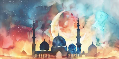 Fotobehang Mosque with minaret in blue midnight with giant crescent moon in impression painting style © Maizal