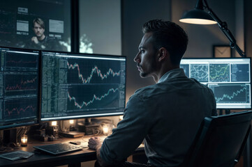 Side view of serious trader sitting in front of multiple computer screens with charts and graphs. Stock market concept - obrazy, fototapety, plakaty