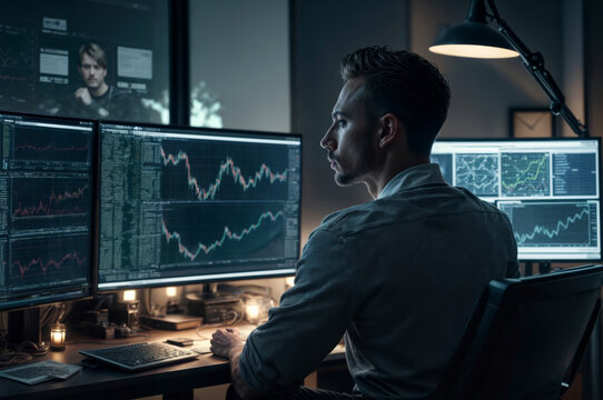 Side View Of Serious Trader Sitting In Front Of Multiple Computer Screens With Charts And Graphs. Stock Market Concept