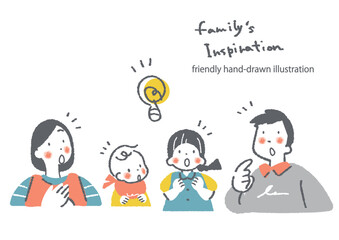 ひらめく四人家族　お洒落でカワイイ手描きイラスト