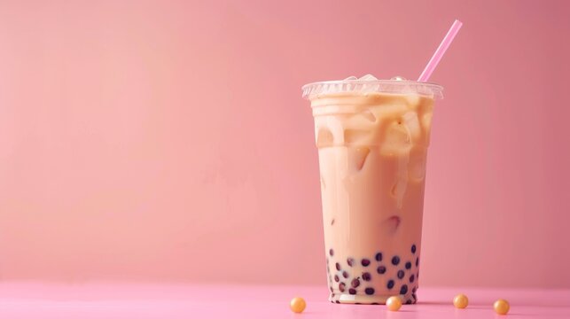 Drink iced milk tea with red bean topping, bubble tea in clear plastic. AI Generated