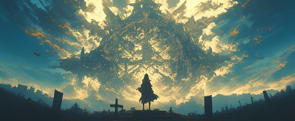 A young saint looking at an ancient portal that appeared on top of the cemetery. magnificent epic fantasy. digital art style, illustration. graphic novel wallpaper. anime aesthetic. generative AI - obrazy, fototapety, plakaty