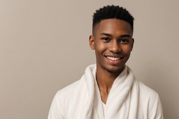 handsome young black man with a towel on a beige background with copy space.