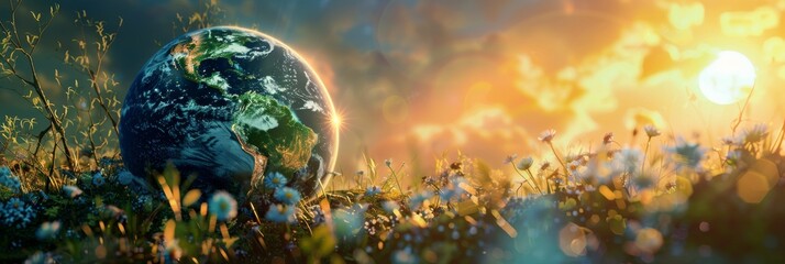 Obraz na płótnie Canvas Globe on blooming field background with sun rays