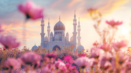 White Mosque with minaret in pink  spring flower  park foreground at sunset