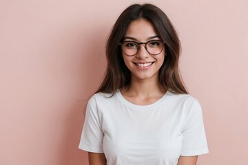Fototapeta premium Young Brazilian woman wearing glasses and a white shirt, smiling and looking at the camera, standing on a pink background with copy space.
