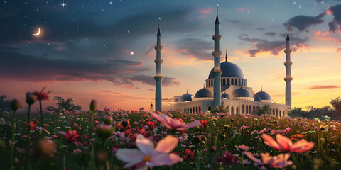 Mosque with minaret in flower field foreground at sunset