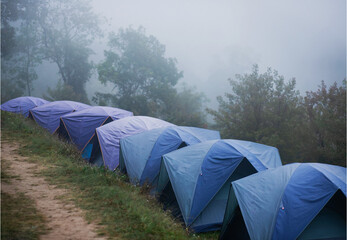 Tents set up in rows on a misty mountain.