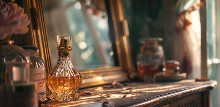 A classic perfume bottle reflecting the charm of a bygone era beside a mirror