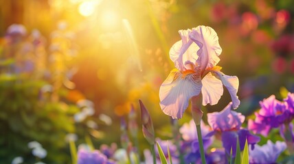 A single iris bathed in golden sunset light