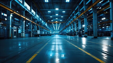 Fototapeta premium Blue-lit factory floor, showcasing modern industrial design and space