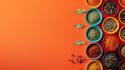 Vibrant bowls of spices arranged neatly on an orange surface