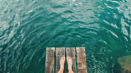 Bare feet on an old wooden dock above tranquil turquoise waters, symbolizing peace and a connection to nature