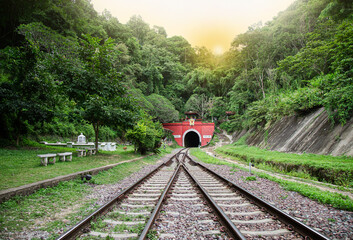 Two railroad tracks meet and enter a tunnel in the middle of a valley.