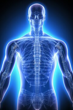Artistic unreal depiction of human body with blue glow,stylized as x-ray image,front view