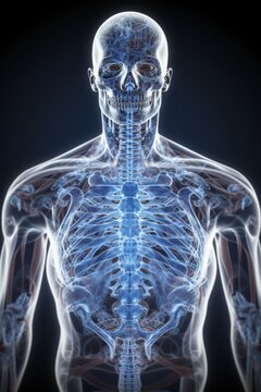 Artistic depiction of human torso and head with blue  glow,stylized x-ray image