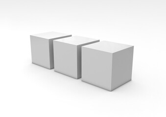 3D illustration of three blank cubes in perspective on a white background