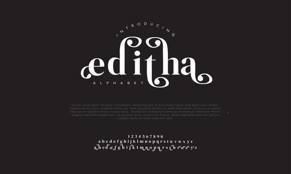 Editha premium luxury elegant alphabet letters and numbers. Vintage wedding typography classic serif font decorative vintage retro. Creative vector illustration