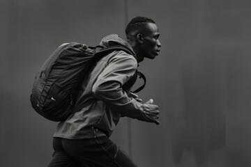 Fototapeta na wymiar Man moving with backpack B&W