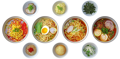 Top view of various tasty ramen in a bowl isolated on transparent background