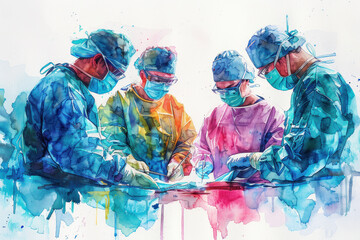 Colorful watercolor of a group of doctors performing surgery on a patient