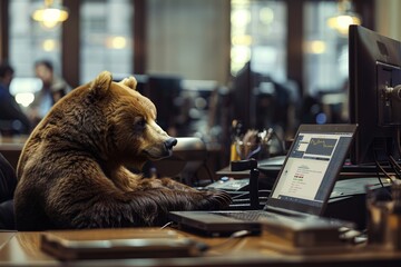 A bear in finance analyzing market trends on a laptop in a bustling Wall Street office - obrazy, fototapety, plakaty