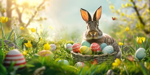 Fototapeta na wymiar A cheerful multi colored rabbit with a basket of brightly painted Easter eggs in a vibrant green spring setting