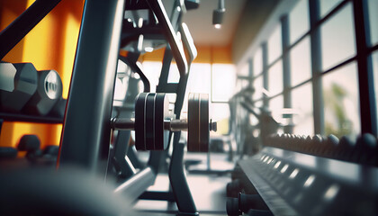 Modern gym. Blurred photo of a Sports equipment in gym. Photo of a blur gym background fitness center or health club with blurry sports exercise equipment.  Ai generated image