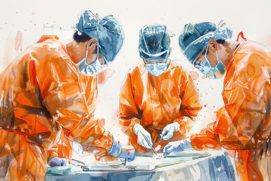Orange watercolor of a group of doctors performing surgery on a patient