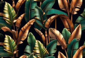 Grunge bronze banana leaves, palm. Tropical exotic seamless pattern