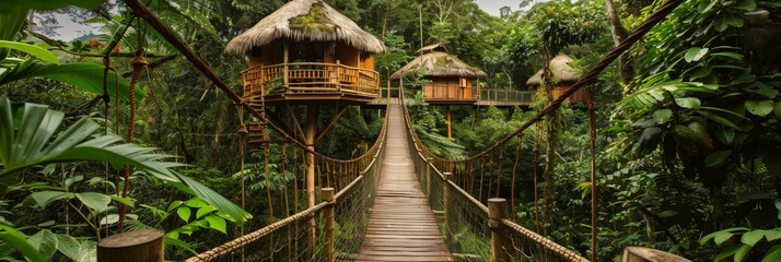 A hidden eco-village in a rainforest canopy with treehouses and bridges